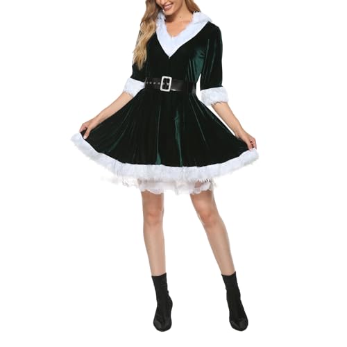 Felcia Damen-Kostüm, Weihnachtsmann-Kostüm, halbe Ärmel, V-Ausschnitt, Plüsch-Kapuze, Minikleid, Weihnachts-Outfit, Cosplay, Verkleidung (A-Grün, L) von Felcia