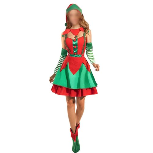 Felcia Damen Weihnachten Elfe Cosplay Kostüm Ärmelloses Minikleid mit Hut Arm Ärmel Schuhüberzieher Xmas Outfit für Rollenspiel Party (A-Red, L) von Felcia