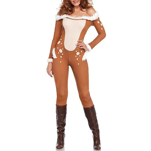 Felcia Damen Weihnachten Rentier Cosplay Kostüme Fuzzy Trim Off Shoulder Langarm Bodycon Jumpsuits Xmas Outfits (A-Brown, S) von Felcia