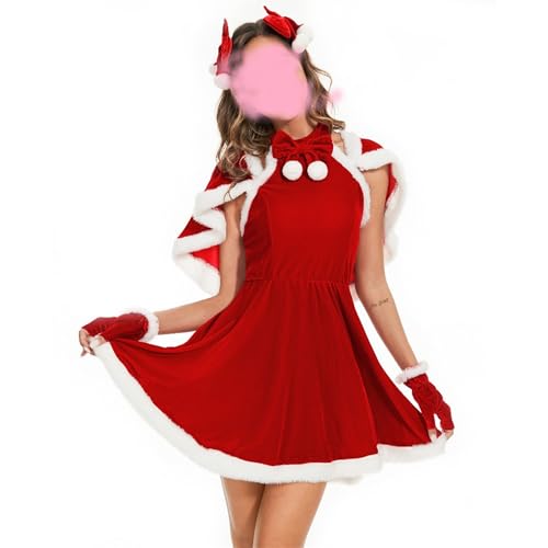 Felcia Damen Weihnachtskleid Niedlich Süßes Kleid Haarspangen Umhang und Handschuhe Set für Weihnachten Cosplay Party Outfits (A-Red, M) von Felcia