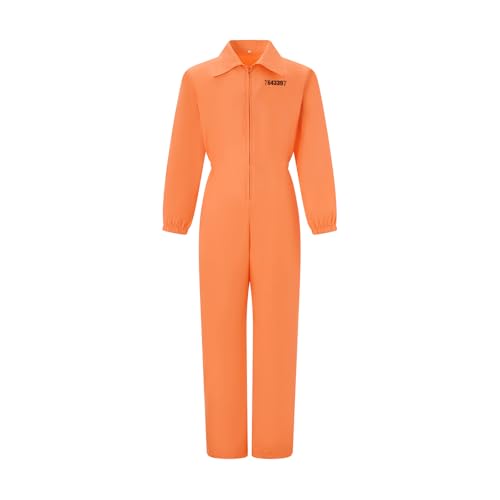 Felcia Erwachsene Gefangenen Overall Orange Gefangenenoverall Overall Kesselanzug Sträfling Räuber Faschingskostüm Karneval Party Cosplay Outfit (C-Orange Herren, XXL) von Felcia