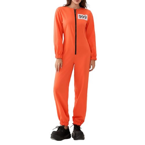 Felcia Erwachsene Gefangenen Overall Orange Gefangenenoverall Overall Kesselanzug Sträfling Räuber Faschingskostüm Karneval Party Cosplay Outfit (E-Orange, XL) von Felcia