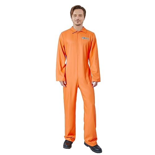 Felcia Erwachsene Gefangenen Overall Orange Gefangenenoverall Overall Overall Overall Sträfling Räuber Faschingskostüm Karneval Party Cosplay Outfit (Herren, XL, A-Herren Orange) von Felcia