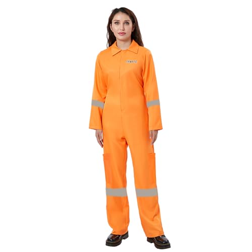 Felcia Erwachsene Häftling Overall Orange Gefangenenoverall Overall Kesselanzug Sträfling Räuber Faschingskostüm Karneval Party Cosplay Outfit (B-Orange, L) von Felcia