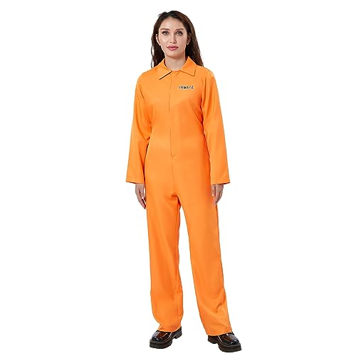 Felcia Erwachsene Häftling Overall Orange Gefangenenoverall Overall Kesselanzug Sträfling Räuber Faschingskostüm Karneval Party Cosplay Outfit (Damen, M, A-Damen Orange) von Felcia