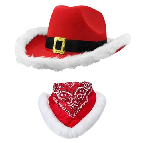 Felcia Erwachsene Weihnachten Cowboyhut Bandana Rot Breite Krempe Nikolausmütze mit Schal für Weihnachten Karneval Rave Party Kostüm Zubehör (A-01, Einheitsgröße) von Felcia