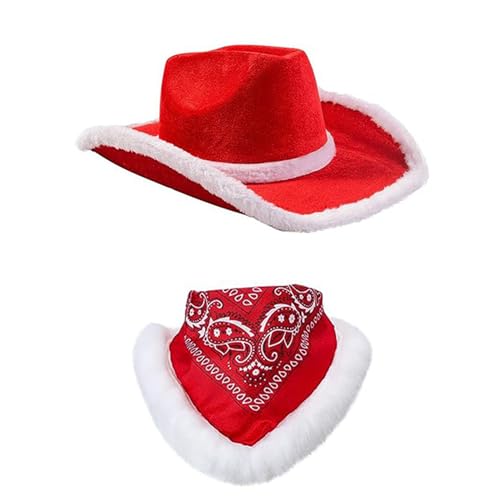 Felcia Erwachsene Weihnachten Cowboyhut Bandana Rot Breite Krempe Nikolausmütze mit Schal für Weihnachten Karneval Rave Party Kostüm Zubehör (A-02, Einheitsgröße) von Felcia