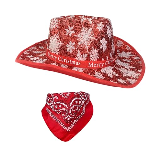 Felcia Erwachsene Weihnachten Cowboyhut Bandana Rot Breite Krempe Nikolausmütze mit Schal für Weihnachten Karneval Rave Party Kostüm Zubehör (A-03, Einheitsgröße) von Felcia