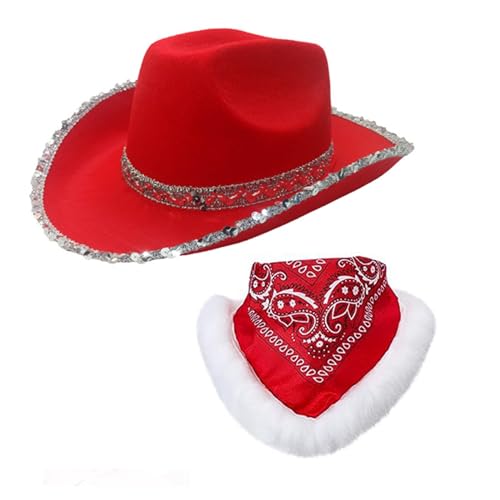 Felcia Erwachsene Weihnachten Cowboyhut Bandana Rot Breite Krempe Nikolausmütze mit Schal für Weihnachten Karneval Rave Party Kostüm Zubehör (A-04, Einheitsgröße) von Felcia