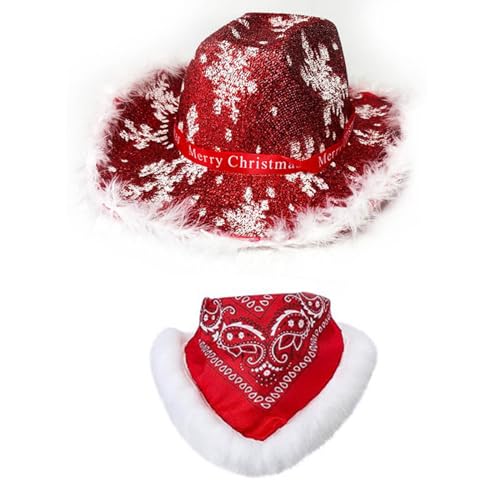 Felcia Erwachsene Weihnachten Cowboyhut Bandana Rot Breite Krempe Nikolausmütze mit Schal für Weihnachten Karneval Rave Party Kostüm Zubehör (A-05, Einheitsgröße) von Felcia