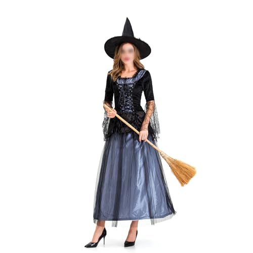 Felcia Frauen Hexenkostüm Gothic Spitze Spinnennetz Mesh Patchwork Halbarm Langes Kleid mit Hut für Halloween Karneval Cosplay Kostüm (A-Lila, L) von Felcia