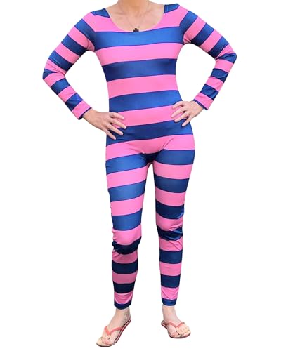 Felcia Grinsekatze-Cosplay-Kostüm für Damen, langärmelig, Streifendruck, Overall, Halloween, Weihnachten, Strampler, Outfits (Rosa, Lila, A, XL) von Felcia