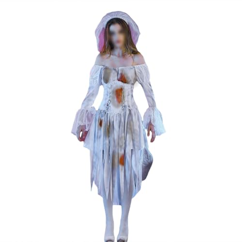 Felcia Gruselige Halloween-Kostüme für Damen, Gothic, viktorianisch, blutig, schulterfrei, langärmelig, Kleid für Mottoparty, Cosplay-Kostüme (A-Weiß, M) von Felcia