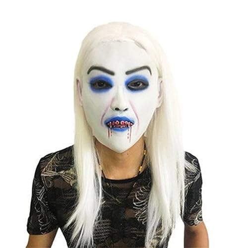 Felcia Gruselige Halloween-Maske, realistische Horror-Geister-Maske mit Perücke, Horror-Maske für Damen und Herren, Cosplay-Kostüm, Party-Requisiten (C-weiße Haarblutung, 20 x 22 x 55 cm) von Felcia