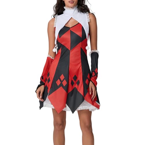 Felcia Halloween Clown Cosplay Kostüm für Damen, Clownkleid mit Choker & Armhülse für Themenparty, Bühnenauftritt (A-Red, XL) von Felcia