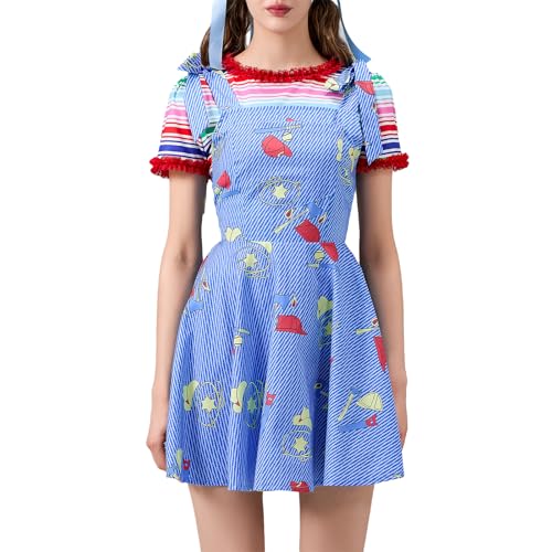 Felcia Halloween-Cosplay-Kostüm für Damen, gruseliges Chucky-Puppen-Kostüm, kurzärmelig, Regenbogen-Tops mit Minikleid-Set (A-Blau, L) von Felcia