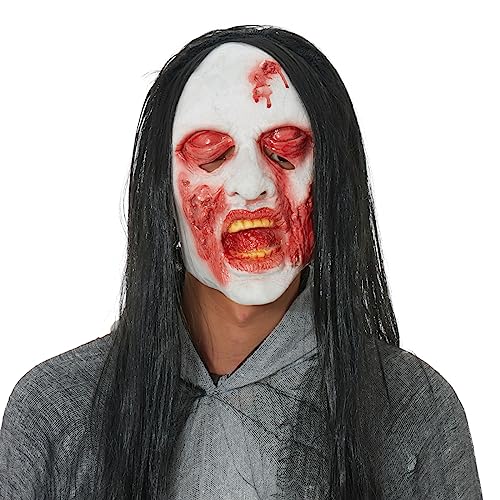 Felcia Halloween Gruselige Maske Realistische Geistermaske mit Perücke Verkleidung Horror Maske für Damen Herren Cosplay Kostüm Party Requisiten (A-Stil A, Einheitsgröße) von Felcia