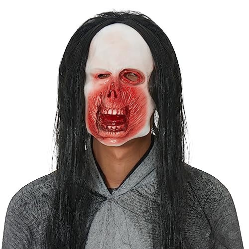 Felcia Halloween Gruselige Maske Realistische Geistermaske mit Perücke Verkleidung Horror Maske für Damen Herren Cosplay Kostüm Party Requisiten (A-Stil B, Einheitsgröße) von Felcia