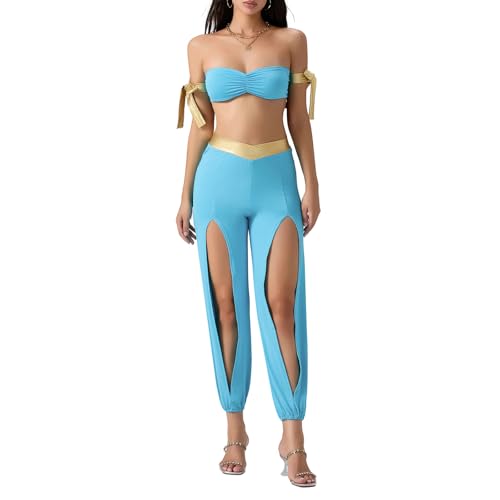 Felcia Halloween-Jasmin-Prinzessin-Kostüm für Damen, trägerloses Oberteil mit Schlitz, lange Hose und Armbindung, Set für Party, Cosplay, Kostüme, (A-Blau, S) von Felcia