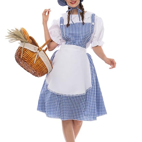 Felcia Halloween-Kostüm für Damen, Anime, Cosplay, Gingham-Kleid, Schürzen und Mützen, Outfit, Dienstmädchen, Prinzessin, Märchen-Kostüm für Maskerade (A-Blau, L) von Felcia