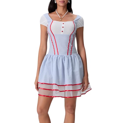 Felcia Halloween-Minikleid für Damen, elegant, quadratischer Ausschnitt, kurze Ärmel, Gingham-Kleid für Mottoparty, Cosplay-Kostüm (C-Light Blue, L) von Felcia