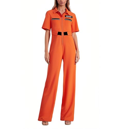 Felcia Halloween Orange Gefangenen Kostüm Sträfling Räuber Einbrecher Gefängnisausbruch Gefängnis Cosplay Kostüm Gefangenenoverall Kesselanzug für Mottoparty (B-Orange, L) von Felcia