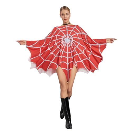 Felcia Halloween-Poncho-Kostüm für Damen, lustiger Spinnennetz-Druck, Poncho-Umhang für Karneval, Cosplay, Party, Poncho, Umhang (A-Red, Einheitsgröße) von Felcia