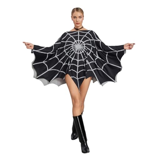 Felcia Halloween-Poncho-Kostüm für Damen, lustiger Spinnennetz-Druck, Poncho-Umhang für Karneval, Cosplay, Party, Poncho, Umhang (A-Schwarz, Einheitsgröße) von Felcia