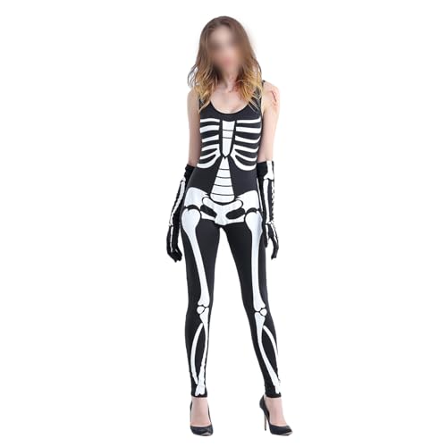 Felcia Halloween-Skelett-Kostüm für Damen, 3D-Totenkopf-Druck, ärmellos, figurbetont, Jumpsuits mit Armärmeln, Themenparty, Rollenspiel-Kostüm (A-Schwarz, L) von Felcia