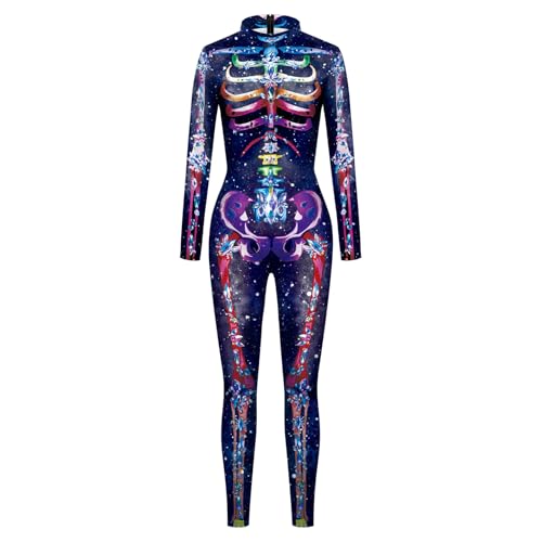 Felcia Halloween-Skelett-Kostüm für Damen, lustiger Totenkopf-Druck, langärmelig, figurbetont, Jumpsuits für Karneval, Cosplay, Party, A-Blau, XL von Felcia