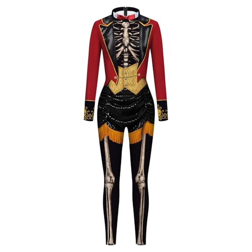 Felcia Halloween-Skelett-Kostüm für Damen, lustiger Totenkopf-Druck, langärmelig, figurbetont, Jumpsuits für Karneval, Cosplay, Party (A-Burgunderrot, L) von Felcia