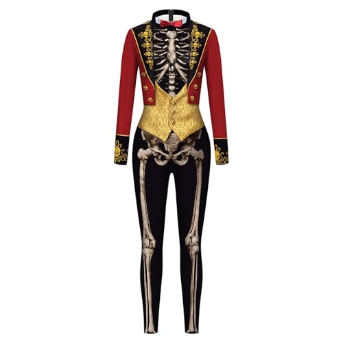 Felcia Halloween-Skelett-Kostüm für Damen, lustiger Totenkopf-Druck, langärmelig, figurbetont, Jumpsuits für Karneval, Cosplay, Party (A-Red, L) von Felcia