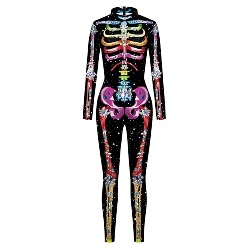 Felcia Halloween-Skelett-Kostüm für Damen, lustiger Totenkopf-Druck, langärmelig, figurbetont, Jumpsuits für Karneval, Cosplay, Party (A-Schwarz, S) von Felcia