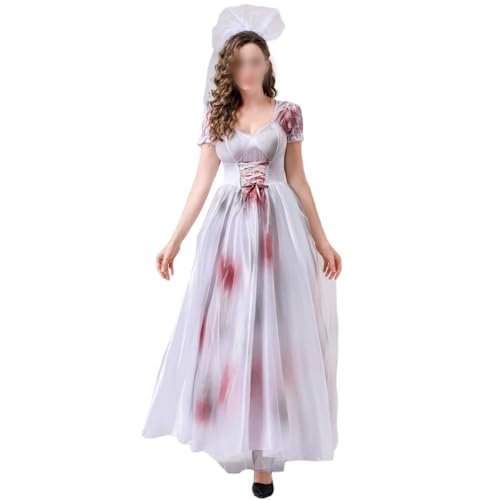 Felcia Halloween Zombie Braut Kostüm Horror Blut Gedruckt Puffy Korsett Kleid mit Stirnband Gothic Dead Bride Cosplay Kostüm (A-Weiß, S) von Felcia