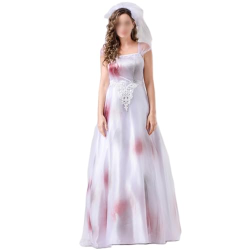 Felcia Halloween Zombie Braut Kostüm Horror Blut Gedruckt Puffy Korsett Kleid mit Stirnband Gothic Dead Bride Cosplay Kostüm (A-Weiß Rot, S) von Felcia