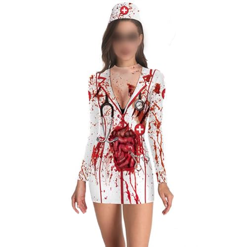 Felcia Halloween Zombie-Krankenschwester-Kostüm, langärmelig, Blutdruck, figurbetontes Minikleid, Krankenhausarbeiter, blutige Krankenschwestern, Verkleidung (A-Weiß, L) von Felcia