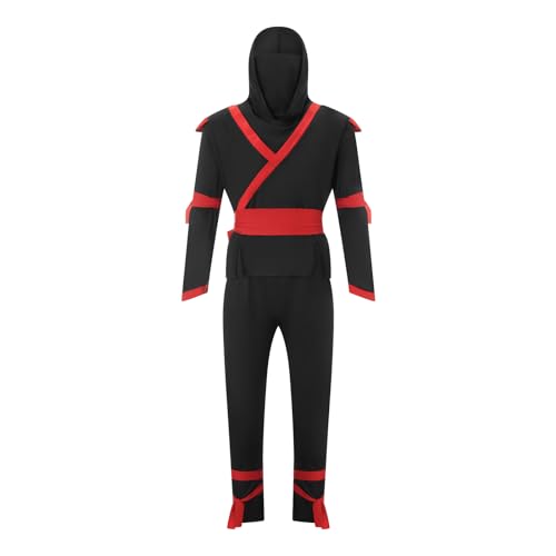 Felcia Herren Ninja-Kostüm, Langarm-Shirt, Hose, Gürtel, Outfits, Halloween, Assassinen-Kostüm, für Mottoparty (A-Schwarz, XXL) von Felcia