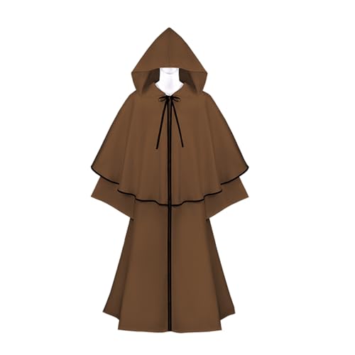 Felcia Hexenumhang für Damen, Langarm, zum Binden, Kapuzenumhang, Halloween, Karneval, Sensenmann, Cosplay, langer Kapuzenumhang (A-Brown, XL) von Felcia