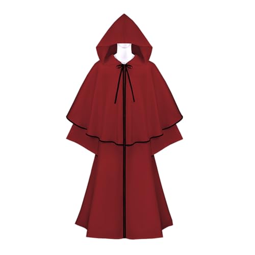 Felcia Hexenumhang für Damen, Langarm, zum Binden, Kapuzenumhang, Halloween, Karneval, Sensenmann, Cosplay, langer Kapuzenumhang (A-Weinrot, XL) von Felcia