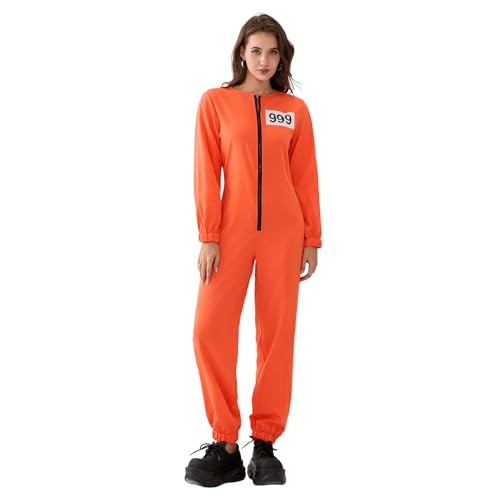 Felcia Karneval Gefängnis Kostüme Brief Print Langarm Gefängnis Jumpsuit für Erwachsene Kleinkinder Karneval Cosplay Outfits (A-Orange, L) von Felcia