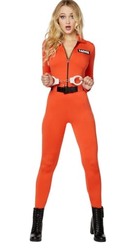 Felcia Karneval Gefängnis Kostüme Brief Print Langarm Gefängnis Jumpsuit für Erwachsene Kleinkinder Karneval Cosplay Outfits (A-Orange 1, XL) von Felcia