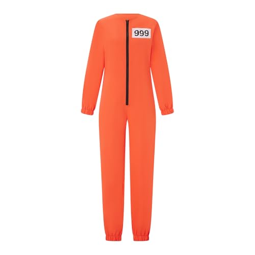 Felcia Karneval Gefängnis Kostüme Brief Print Langarm Gefängnis Jumpsuit für Erwachsene Kleinkinder Karneval Cosplay Outfits (A-Orange 2, M) von Felcia