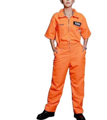 Felcia Karneval Gefängnis Kostüme Brief Print Langarm Gefängnis Jumpsuit für Erwachsene Kleinkinder Karneval Cosplay Outfits (B-Orange, L) von Felcia