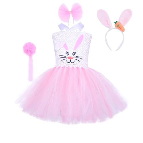 Felcia Kinder Osterkostüm Häschen Tüllkleid und Stirnband Set für Kleinkind Mädchen Cosplay Party Urlaub Outfit (A-Pink, 10-12 Jahre) von Felcia