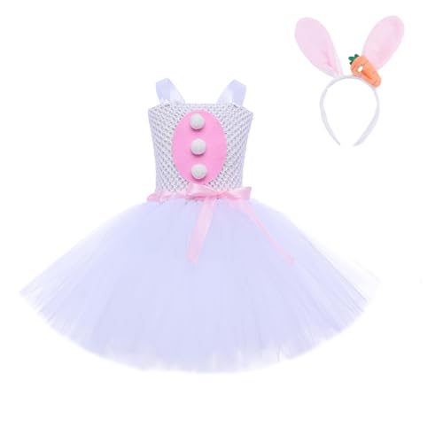 Felcia Kinder Osterkostüm Häschen Tüllkleid und Stirnband Set für Kleinkind Mädchen Cosplay Party Urlaub Outfit (A-Weiß, 5-6 Jahre) von Felcia