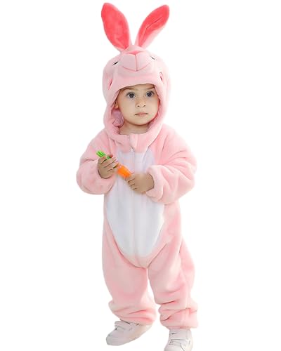 Felcia Kleinkind-Hasenkostüm, Overall, Baby-Plüsch-Hase, Kapuzen-Strampler, Säuglingsmädchen, Jungen, flauschiges Tier, Cosplay-Outfits (Rosa, A, 12 Monate) von Felcia