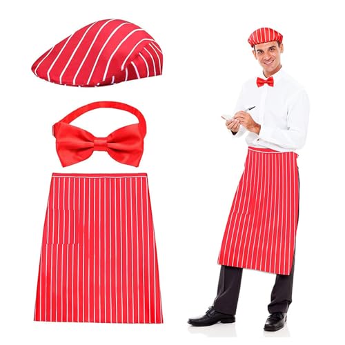 Felcia Kostüm für Erwachsene, Kellner-Kostüm, Zubehör, Outfits, gestreifte Schürze, Hut + Fliege, Zirkus-Set (A-Rot-Hüte, S) von Felcia