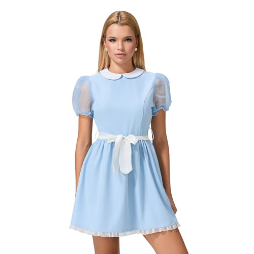 Felcia Minikleider für Damen, durchsichtige Netzärmel, Puppenkragen, kurzes Kleid mit Gürtel, Halloween, Mottoparty, Anime, Cosplay-Kostüm, A-Blau, Weiß, 36 von Felcia