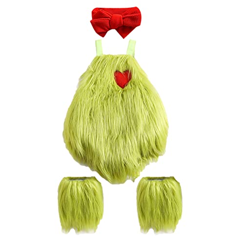 Felcia Neugeborenes Baby Mädchen Weihnachtskostüm Ärmellos Pelz-Strampler + Beinstulpen + Stirnband Grünes Monster Xmas Lustiges Cosplay Kostüm (A-Grün, 12-18 Monate) von Felcia