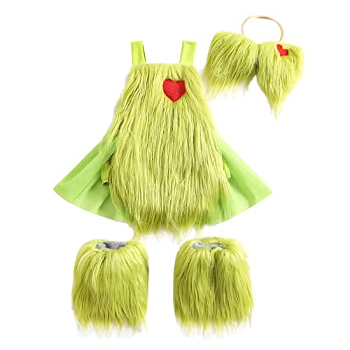 Felcia Neugeborenes Baby Mädchen Weihnachtskostüm Ärmellos Pelz-Strampler + Beinstulpen + Stirnband Grünes Monster Xmas Lustiges Cosplay Kostüm (B-Grün, 0-6 Monate) von Felcia